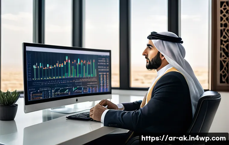 자산 관리의 기본 개념 - A modern Arab financial advisor sitting at a sleek desk in a stylish office with Arabic calligraphy ...