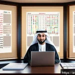 Home 20 주식 투자 기초 주식시장 이해하기 - A detailed digital illustration of an Arabic man in traditional attire sitting at a modern desk usin...
