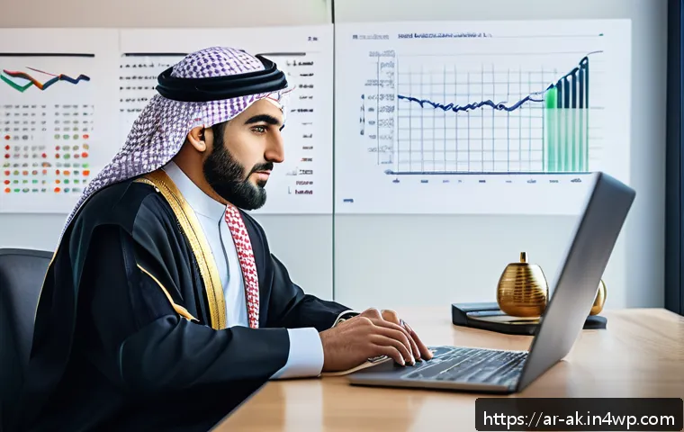 소득원 다각화의 필요성과 방법 - A professional Middle Eastern man in traditional attire sitting at a modern desk with a laptop and f...
