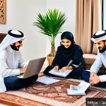 Home 23 재무 목표 달성을 위한 마인드셋 - A modern Arab family gathered around a wooden dining table in a cozy, sunlit living room, collaborat...