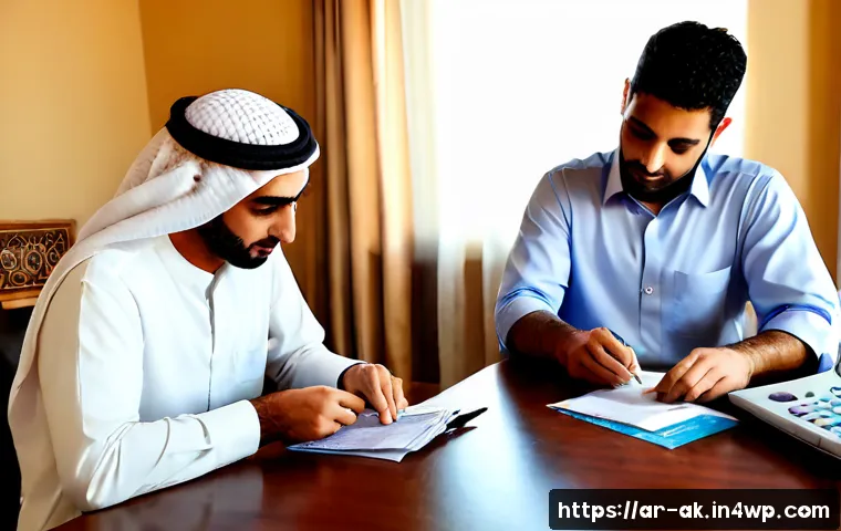 부자 되기 위한 재정 원칙 - Photorealistic Arab family financial planning at a tidy sunlit home office, modestly dressed parents...